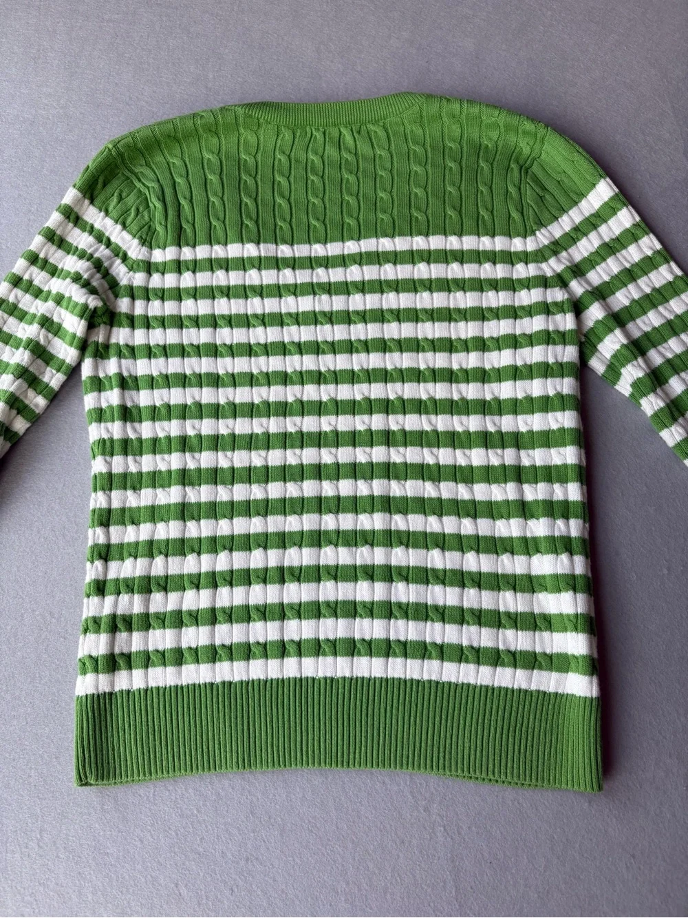 Y2K Jeanne Pierre Cotton Green/White Striped V-Neck Cable Sweater sz S prep
